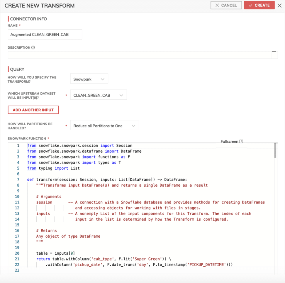 The configuration panel of a Snowpark for Python Transform in the Ascend UI