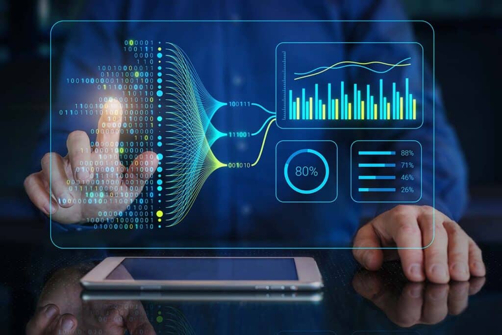 Automating data concept with artificial intelligence for business analytics dashboard with charts and metrics.