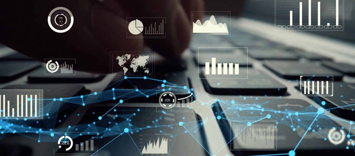 Creative visual of business big data and finance analysis on computer showing concept of statistical investment decision making methodology, fintech and financial engineering .